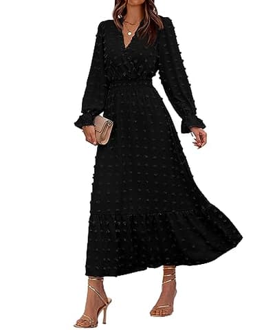 BTFBM Women Fall Maxi Dresses 2025 Long Sleeve V Neck Swiss Dots High Waisted A-Line Ruffle Boho Long Dress Vacation(Black,Medium) - Image 1