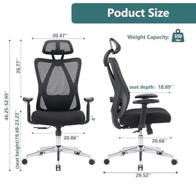 Home Office Desk Chair, Ergonomic Rolling Work Swivel High Back 135°Tilt Function Big and Tall Computer with Wheels, 2D Armrest Adjustable Lumbar Support & Headres, Modern Black - Image 3