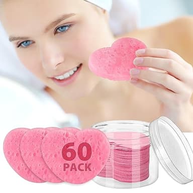 60-Count Compressed Facial Sponges With Container, Heart Shape Face Sponge, 100% Natural Pads for Cleansing, Massage, Pore Exfoliating Mask, Makeup Removal (Pink) - Image 8
