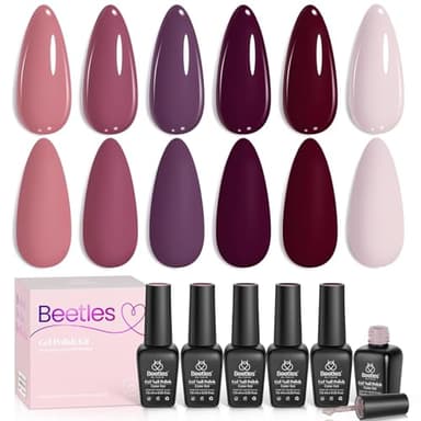 Beetles Burgundy Purple Gel Nail Polish Set - 6 Color Fall Dark Purple Maroon Mauve Plum Gel Polish Kit, Soak Off UV LED Nail Gel for Autumn Manicure Nail Art Gifts for Women - Image 1