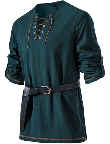 JEMITOP Men's Renaissance Costume Retro Lace Up Shirts for Pirate Viking Medieval Vampire Halloween Cosplay Without Belt Dark Green L - Image 1