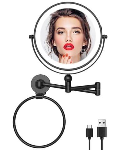 TOLOYE Height Adjustable Wall Mounted Makeup Mirror, Rechargeable Lighted Makeup Mirror 8 Inch Double Sided 1X/10X Magnifying Vanity Mirror with 3 Color Lights Dimmable 360 Swivel Extendable Arm - Image 1