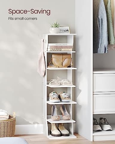 VASAGLE 7-Tier Vertical Shoe Rack, Narrow Shoe Storage Organizer with Hooks, Slim Corner Shoe Tower Rack, Space Saving for Entryway and Bedroom, White ULBS200T14 - Image 4