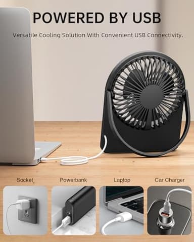 buywoo Portable USB Desk Mini FAN, USB-A Corded Powered Small Personal Fan, Foldable Office Desk Accessories for Home, Desktop, 3-speed Hangable Cruise Essentials with Strong Wind, Black - Image 3