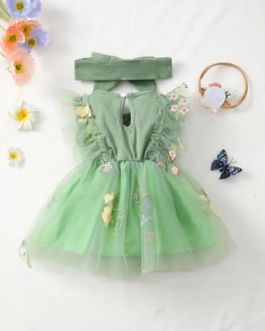 Renotemy Infant Baby Girl Tulle Tutu Dress Green Embroidery Sleeveless Boho Fairy Baptism Princess Wedding Birthday Party Dresses for Baby Girls with Flower Headband 6-12 Months - Image 5