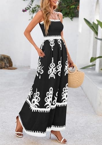 PRETTYGARDEN Summer Dress for Women 2025 Floral Sundress Spaghetti Strap Flowy Beach Vacation Boho Maxi Dresses (Black White Floral,Large) - Image 6