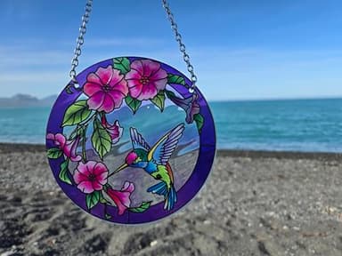 Stained Glass Window Hanging, Hummingbird Gifts for Women, Bird and Flowers Suncatcher for Window, 6" Purple Sun Catchers, Hand Painted Glass for Birds Lover (6 inch) - Image 5