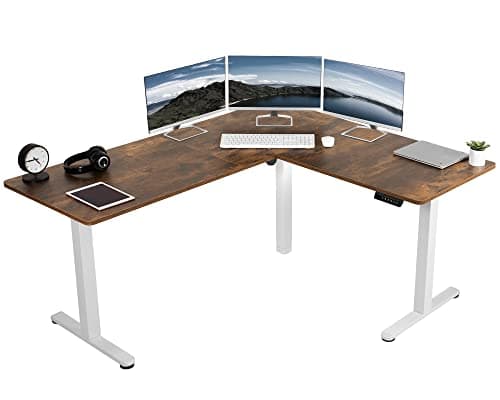 VIVO Electric Corner 63 x 55 inch L-Shaped Standing Desk, Memory Height Adjustment, Rustic Vintage Brown Top White Frame, DESK-E3CTWN - Image 1
