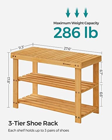 SONGMICS Shoe Rack Bench, 3-Tier Bamboo Shoe Storage Organizer, Entryway Bench, Holds Up to 286 lb, 11.3 x 27.6 x 17.8 Inches, for Entryway Bathroom Bedroom, Natural ULBS04N - Image 6