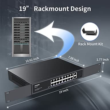 Aumox 18-Port Ethernet Gigabit PoE Switch, 16-Port PoE with 2 Uplink Gigabit Ports, 250W Built-in Power, Metal Casing and 19-inch Rackmount, Traffic Optimization, Plug and Play, Unmanaged(SG518P) - Image 6