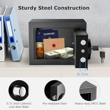 Bonsaii Safe Box with Electronic Keypad, Steel Security Lock Box with Key, 0.23 Cubic Feet, 9.06" W x 6.69" D x 6.69" H, Small Hidden Safe for Cash Jewelry - Image 5