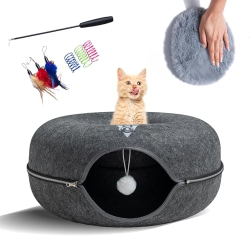Premium Large Size 24 Inch Cat Tunnel Bed - With Upgraded Metal Zipper - Detachable Round Design - Washable - and Scratch Resistant - Includes 3 Toys and Removable Cushion - Image 1