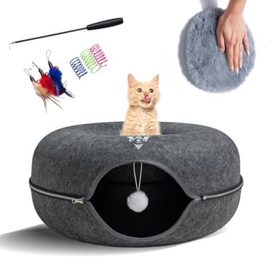 Premium Large Size 24 Inch Cat Tunnel Bed - With Upgraded Metal Zipper - Detachable Round Design - Washable - and Scratch Resistant - Includes 3 Toys and Removable Cushion - Image 1