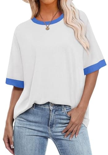 OFEEFAN Summer Outfits for Women Half Sleeve Colorblock Tops Graphic Tees Women's Shirts Dressy Casual Z-White M - Image 1