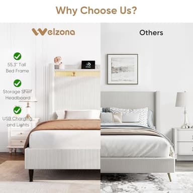 Queen Bed Frame with Tall Headboard, 55.3" Upholstered Platform Bed Frame with LED Lights & Charging Station, Elegant Corduroy Bed Frames/Wingback Headboard, No Box Spring Needed,Easy Assembly, Cream - Image 9