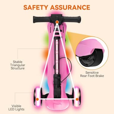 24V Electric Scooter for Kids w/150W Powerful Motor, Thumb Throttle, LCD Screen, Bluetooth, Light-Up Stem Deck & Wheels, 3 Adjustable Heights, 5MPH Safe Speed, 3 Wheel Electric Scooter for Kids, Pink - Image 8