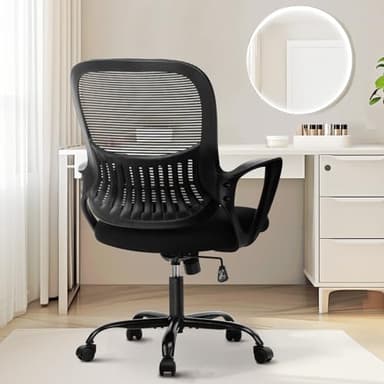 Sweetcrispy Home Office Computer Desk Chair, Ergonomic Managerial Executive Mid-Back Mesh Rolling Work Swivel Chairs with Wheels, Comfortable Lumbar Support, Comfy Arms for Bedroom, Study, Student - Image 1