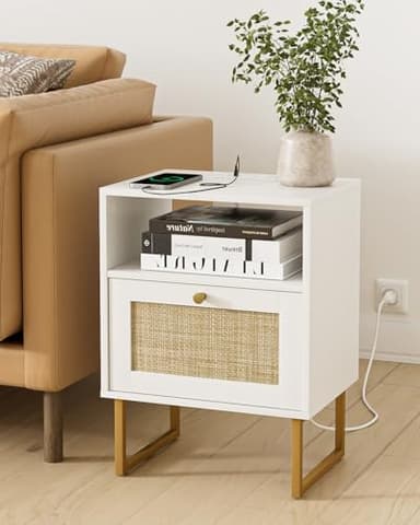 Masupu Rattan Nightstand with Charging Station,Modern Boho Farmhouse Wood Bedside Table with Storage Drawer and Open Shelf,Small Gold Frame Side End Table for Bedroom,Living Room,Office White - Image 3