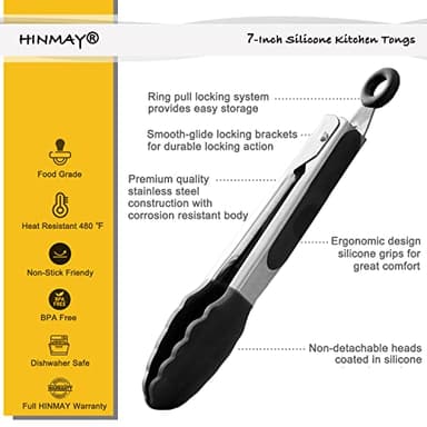 HINMAY Mini Tongs with Silicone Tips 7-Inch Kitchen Tongs, Set of 3 (Black) - Image 2