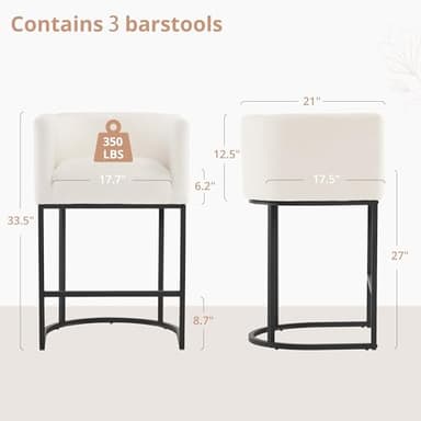 LUE BONA 27" H Counter Height Bar Stools Set of 3, Modern Barrel Counter Stools with Backrest and Arms, Black Metal Frames, Linen Fabric Upholstered Accent Barstools for Kitchen Island, Beige - Image 2