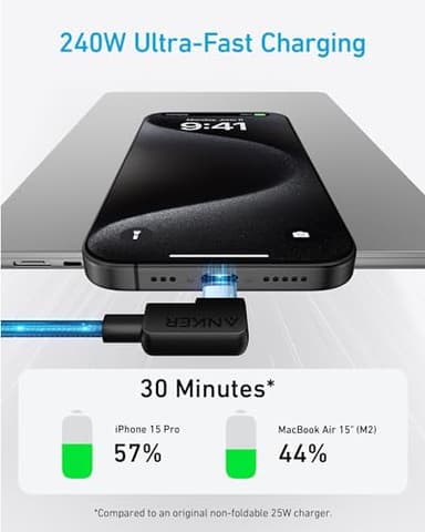 Anker USB C to USB C Right Angle Cable, 240W 90 Degree Type-C Braided Charging Cord for iPhone 17 Series and More (2Pack 6FT Black) - Image 3