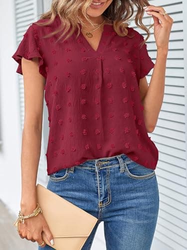 MEROKEETY Women Short Sleeve Notched V Neck Blouse Summer Casual Swiss Dot Boho Solid Top WineRed Large - Image 2