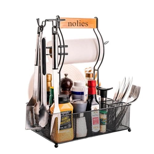 NOLIES Stainless Steel Grill Caddy Organizer, Kitchen Organization, Outdoor Grill With Hanging Hooks and Handle, Condiment & BBQ utensils, Picnic, Grill Camping Accessories Paper Towel Cleaning Caddy - Image 1
