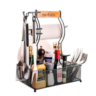 NOLIES Stainless Steel Grill Caddy Organizer, Kitchen Organization, Outdoor Grill With Hanging Hooks and Handle, Condiment & BBQ utensils, Picnic, Grill Camping Accessories Paper Towel Cleaning Caddy - Image 1
