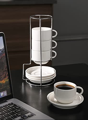 Sweese Porcelain Espresso Cups Set, 4 oz Stackable Cups with Saucers Metal Stand, Set of 4, White - Image 9