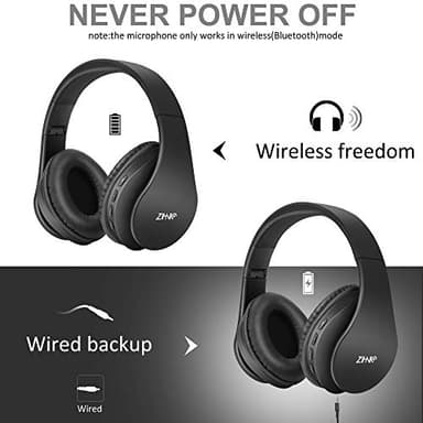 ZIHNIC Bluetooth Headphones Over-Ear, Foldable Wireless and Wired Stereo Headset Micro SD/TF, FM for Cell Phone,PC,Soft Earmuffs &Light Weight for Prolonged Wearing (Black) - Image 3