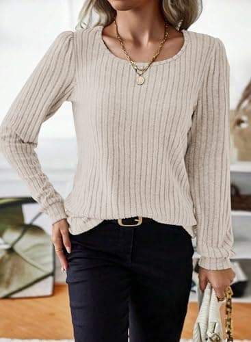 Samefar Long Sleeve Blouses for Women Round Neck Casual Womens Shirts Fashion Ladies Tops and Blouse Clothing Trendy Apricot X-Large - Image 4