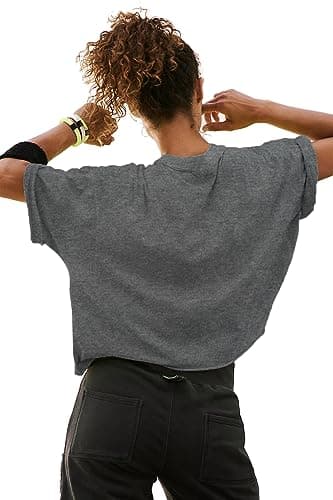 Casual Flowy Cotton Tshirts Shirts for Women Summer Round Neck Short Sleeve Basic Crop Tops for Women Trendy Sweat Yoga Gym Hiking Cropped Workout Tops for Teen Girls Tee Shirts Womens Deep Gray M - Image 2