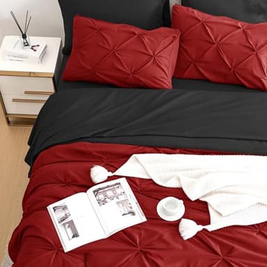Ubauba 7pc King Size Comforter Set with Sheets, All Season Pintuck 7 Piece Bedding Sets Red and Black, Pinch Pleating Bed in a Bag Set with Comforters (Red and Black,King) - Image 2