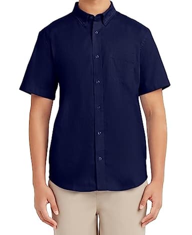 Nautica Young Men's School Uniform Short Sleeve Performance Oxford Button-Down Shirt, Navy, 38-39 - Image 1