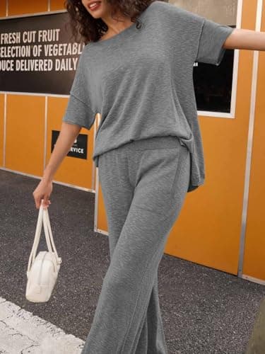 Tankaneo Women's 2 Piece Travel Outfits Casual Short Sleeve Knit Sweater Set Wide Leg Pants Lounge Sets Tracksuit - Image 3