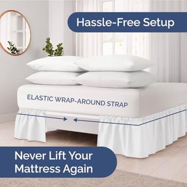 Wrap Around Dust Ruffle Bed Skirt - White - for Queen Size Beds with 12 Inch Drop - Easy Fit Elastic Strap - Adjustable Pleated Bedskirt w/Brushed Fabric - Wrinkle Free - for Women, Men, Kids & Teens - Image 2