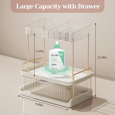 Delamu 2-Tier Bathroom Countertop Organizer with Drawer, Large Capacity Makeup Skincare Organizer Multi-Compartment Vanity Storage for Cosmetics Toiletries, Easy to Assemble, Stylish Design, Colorless - Image 6
