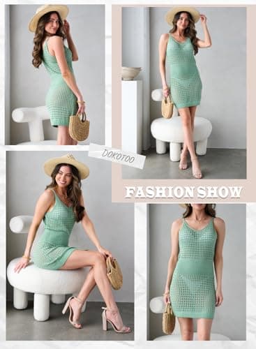 Dokotoo Cute Cover Ups for Swimwear Women 2025 V Neck Sleeveless Crochet Cut Out Spaghetti Straps knitted See Through Sexy Bikini Beach Coverups Vacation Dresses Army Green Large - Image 6
