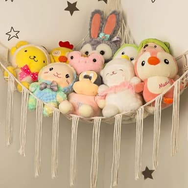 Stuffed Animal Hammock Corner, Hand-knitted Large Plushie Net Toy Hammock with Wooden Rings | Boho Cute Stuff Animal Storage for Nursery & Bedroom | Mesh Kids Toy Organizer Holder Nursery Room Decor - Image 3