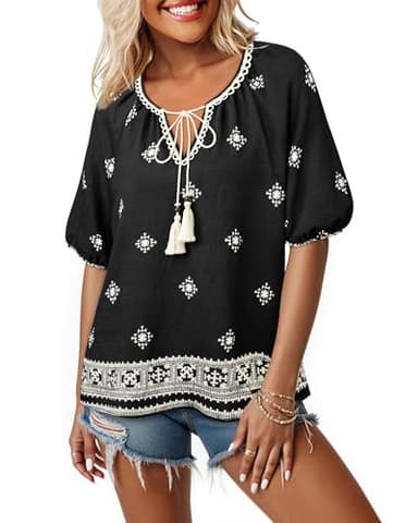 Vivilli Boho Tops for Women: Flowy Casual Top Peasant Blouses Floral Top Short Sleeve Shirts Summer Shirts Crochet V Neck Beach Vacation Clothes Bohemian Tops Hawaiian Outfits Women's Clothing Black L - Image 2