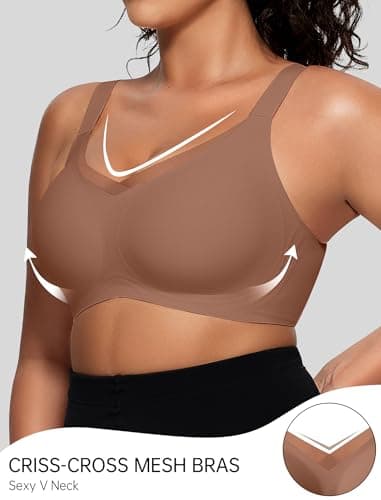 OEAK Womens Wireless Bras V Mesh Comfortable Bralette Supportive Tshirt Bra No Underwire Seamless Push Up Everyday Bras Khaki XL - Image 2
