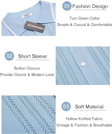 COOFANDY Men's Short Sleeve Knit Shirts Vintage Button Down Polo Casual Beach Shirt Clear Blue - Image 5
