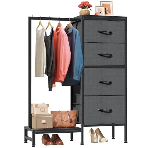 HIGDBFE Dresser with Hanging Rack, 4 Drawers Small Closet for Bedroom, Reversible Fabric Chest of Drawers with Clothes Rack, Tall Storage Tower, Sturdy Frame, Grey, 44''H - Image 1