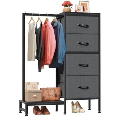 HIGDBFE Dresser with Hanging Rack, 4 Drawers Small Closet for Bedroom, Reversible Fabric Chest of Drawers with Clothes Rack, Tall Storage Tower, Sturdy Frame, Grey, 44''H - Image 1