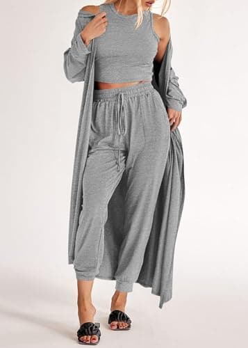 KIRUNDO 3 Piece Lounge Sets for Women Airplane Travel Outfits 2025 Fall Cardigan Sleeveless Top Pants Sets Matching Clothing(Light Grey, Medium) - Image 3