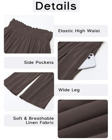 GRAPENT High Waisted Lightweight Women's Beach Linen Clothes Wide Leg Lounge Pants Casual Outfits Travel Pants Color Coffee Brown Size L Large Size 12-14 - Image 5