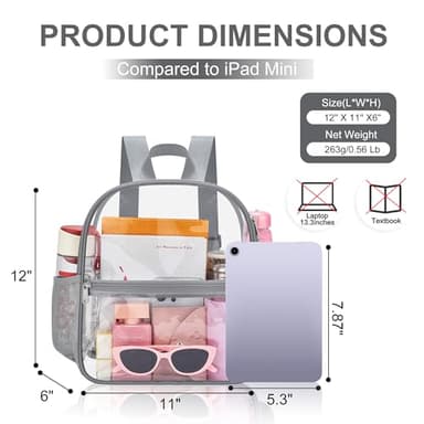 Oraben Clear Backpack for Stadium Events Clear Stadium Backpack 12x6x12 Bag (Nylon Shoulder Straps, Grey) - Image 2