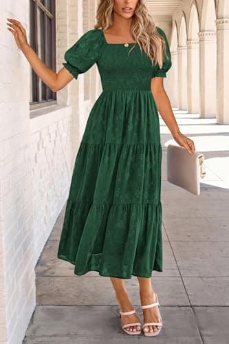 PRETTYGARDEN Women's 2025 Summer Casual Midi Dresses Square Neck Short Sleeve Smocked A Line Floral Flowy Elegant Boho Dress (Dark Green,Large) - Image 5