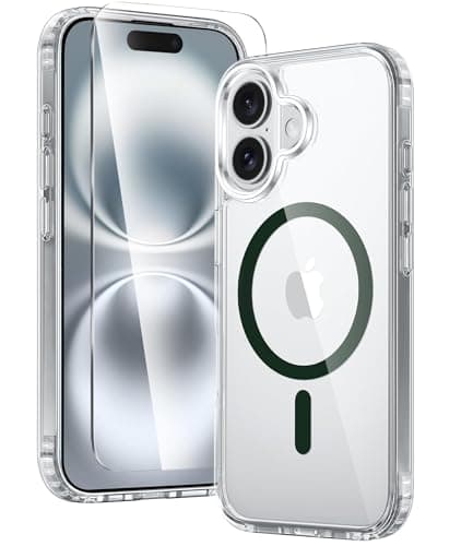 FNTCASE for iPhone 16 Case: Clear Magnetic Military Grade Drop Protection Anti Yellowing Slim Case - Rugged Shockproof Protective Transparent Cell Phone Cover(Green) - Image 1
