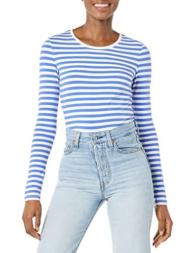 Amazon Essentials Women's Regular-Fit Long-Sleeve Crewneck T-Shirt (Available in Plus Size), Blue White Stripe, Medium - Image 1
